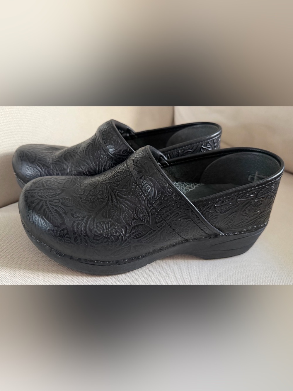 Dansko 38 Black Embossed Slip-On Leather Clog